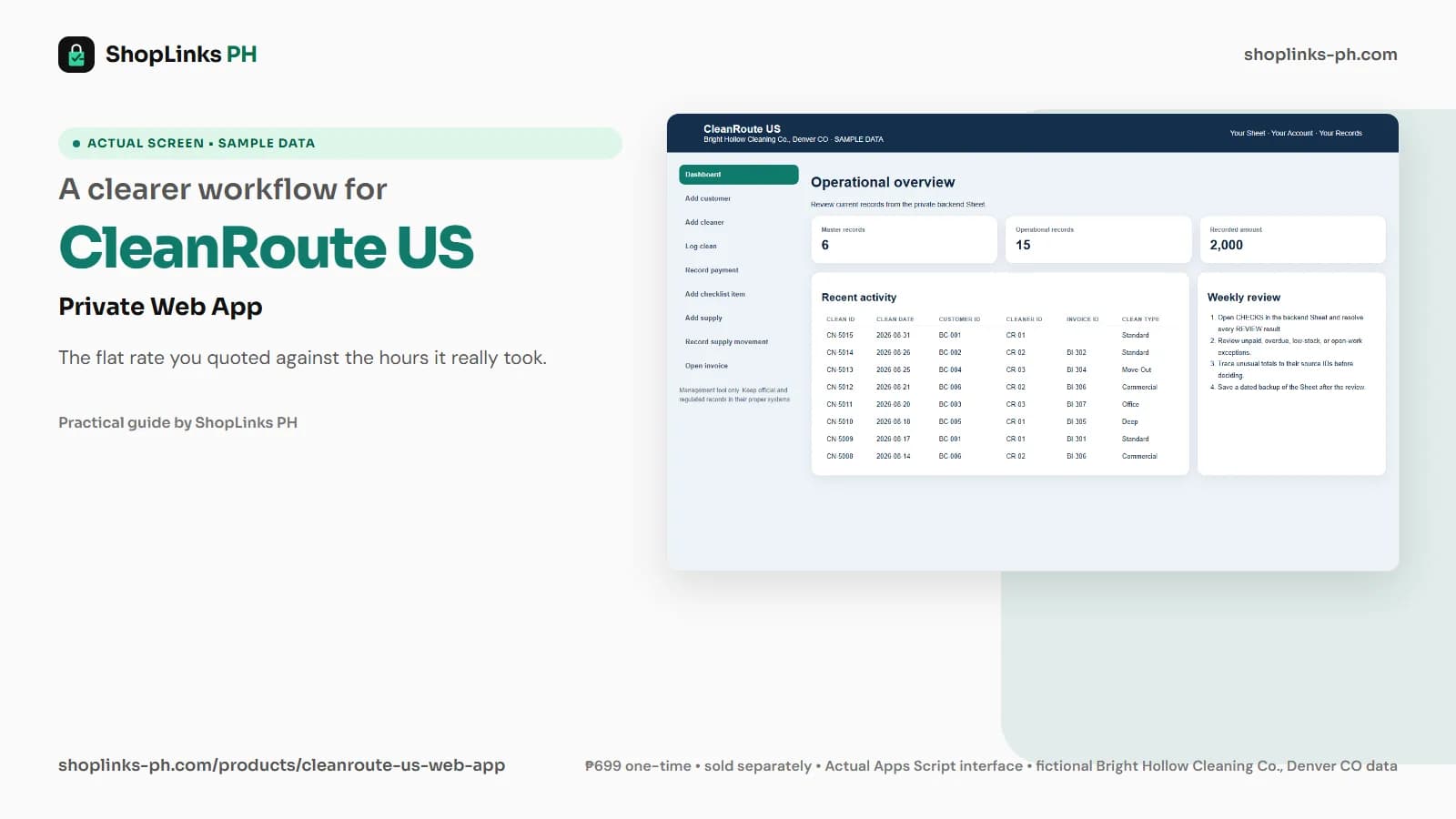 CleanRoute US Private Google Sheets Web App dashboard using fictional sample data