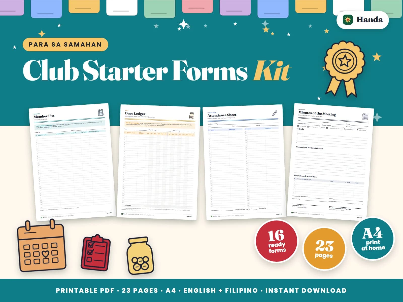 Cover of Club Starter Forms Kit, a printable association forms kit showing four of its pages