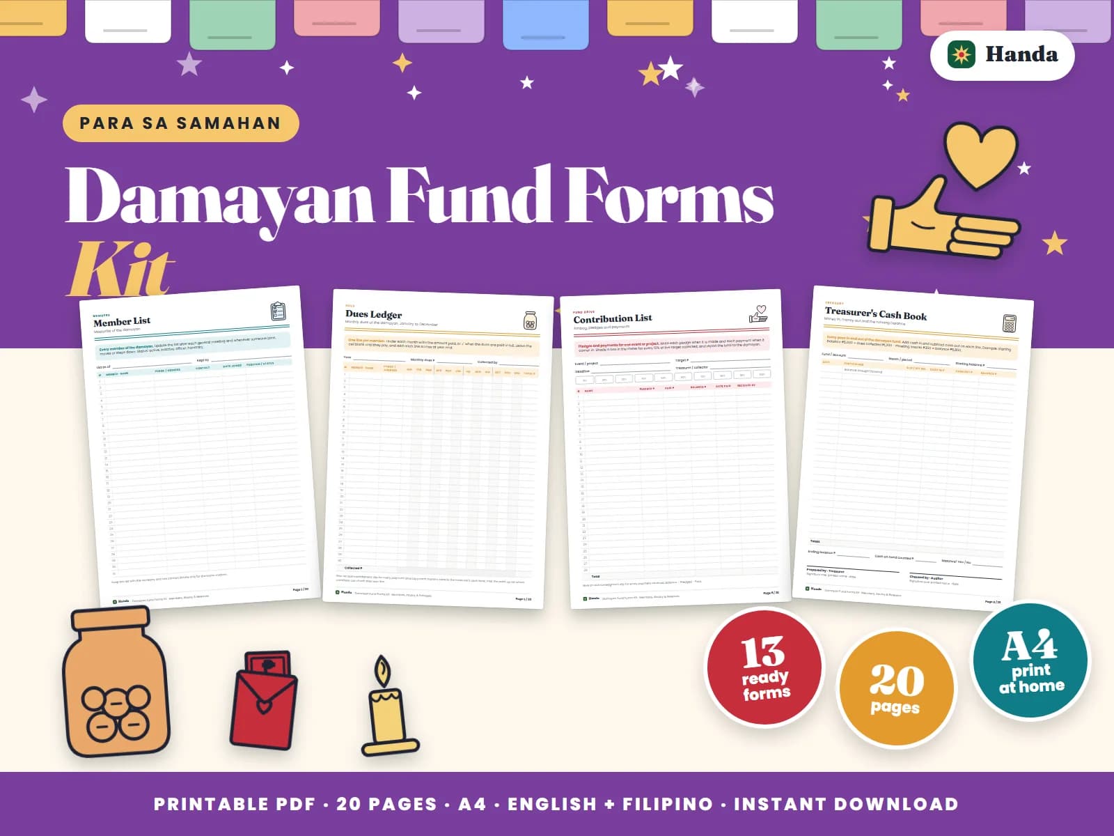 Cover of Damayan Fund Forms Kit, a printable association forms kit showing four of its pages