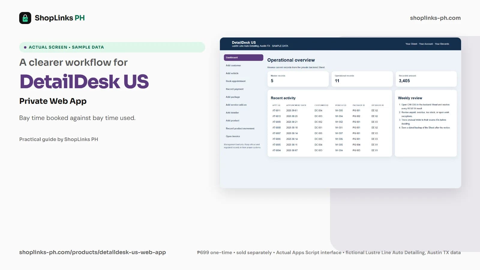 DetailDesk US Private Google Sheets Web App dashboard using fictional sample data