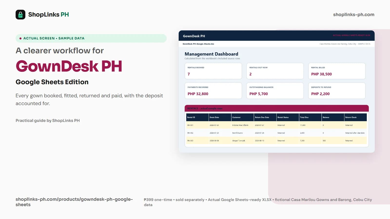 GownDesk PH Google Sheets Edition dashboard using fictional sample data