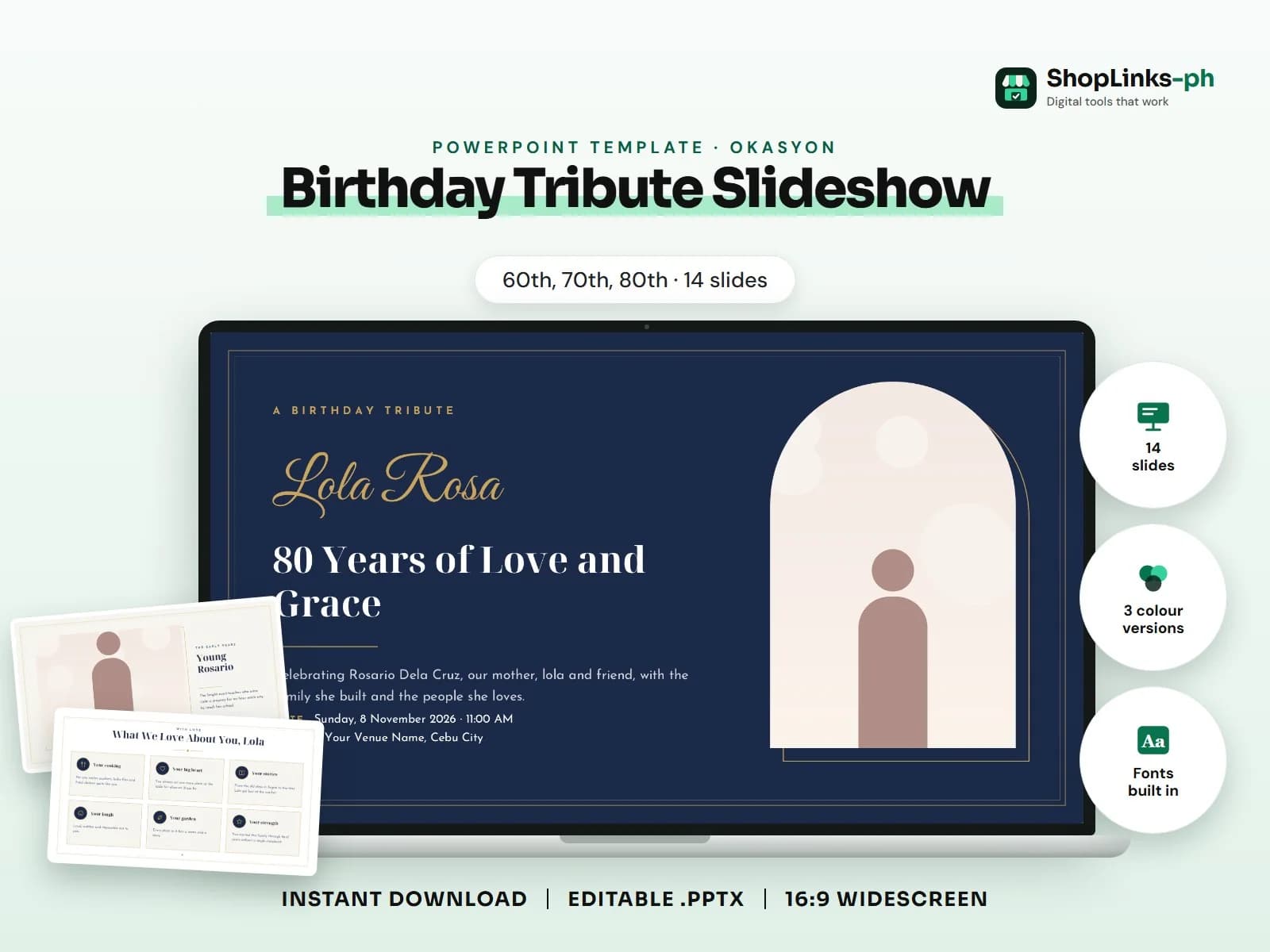 Cover of the Birthday Tribute Slideshow (60th, 70th, 80th) PowerPoint template on a laptop