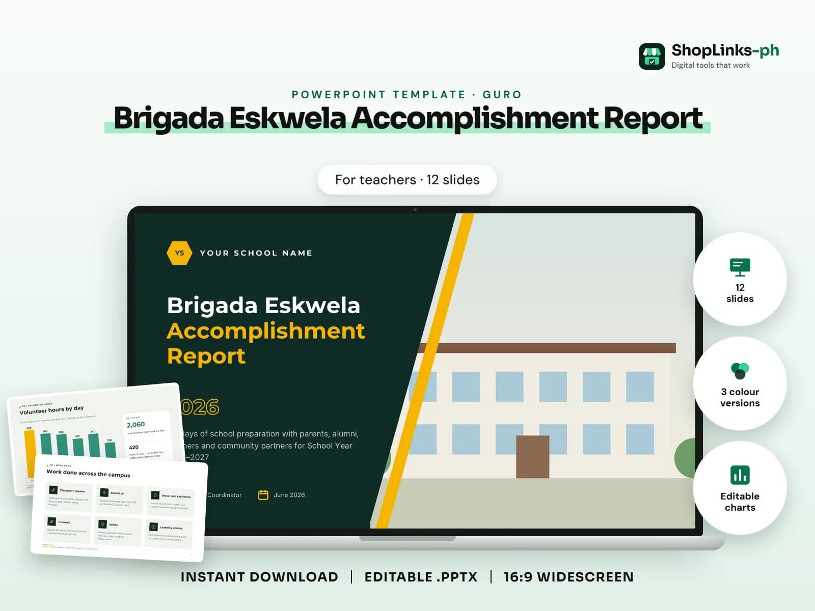 Cover of the Brigada Eskwela Accomplishment Report PowerPoint template on a laptop