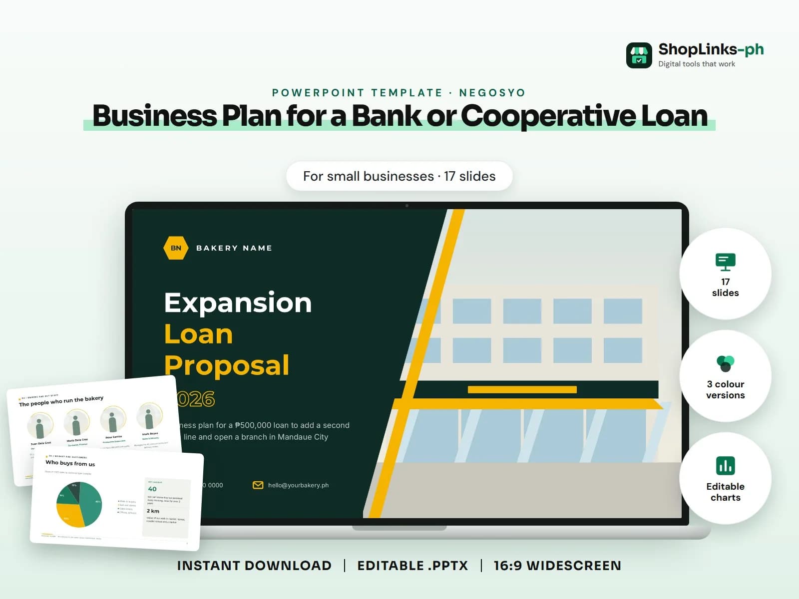 Cover of the Business Plan for a Bank or Cooperative Loan PowerPoint template on a laptop
