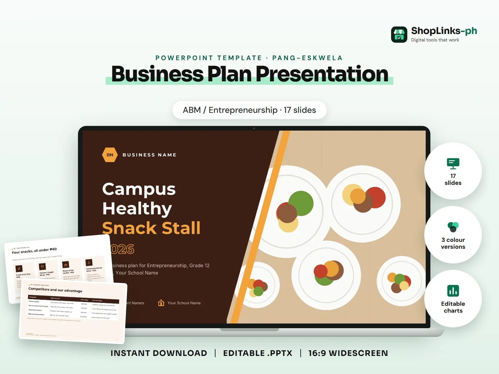 Cover of the Business Plan Presentation (ABM / Entrepreneurship) PowerPoint template on a laptop