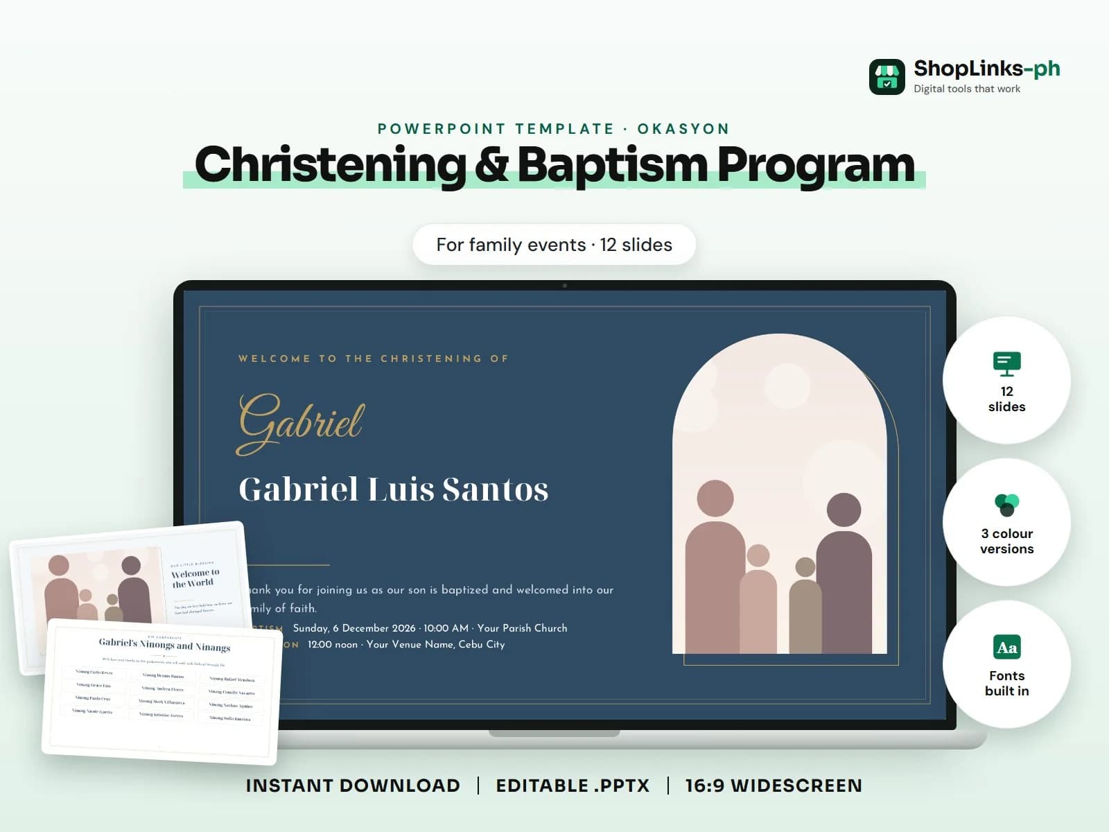 Cover of the Christening & Baptism Program PowerPoint template on a laptop