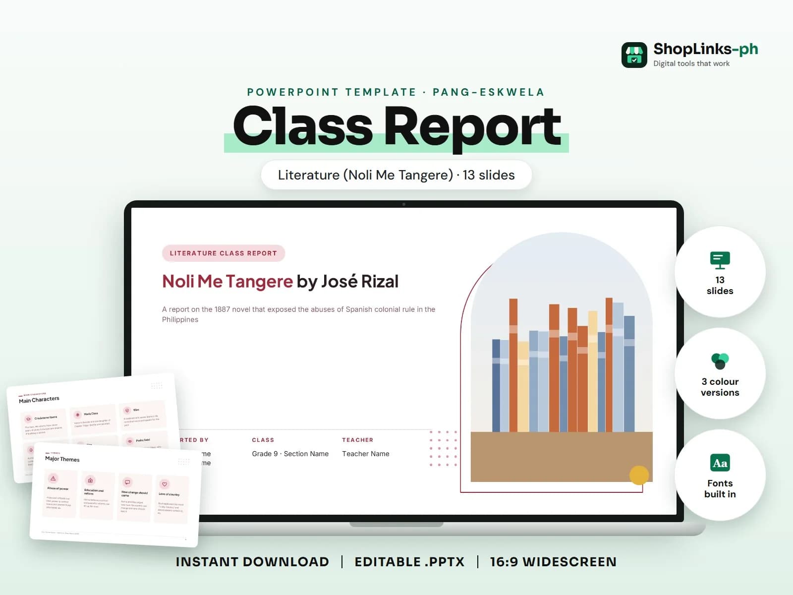 Cover of the Class Report: Literature (Noli Me Tangere) PowerPoint template on a laptop