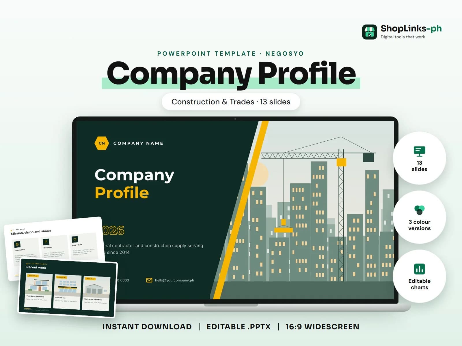Cover of the Company Profile: Construction & Trades PowerPoint template on a laptop