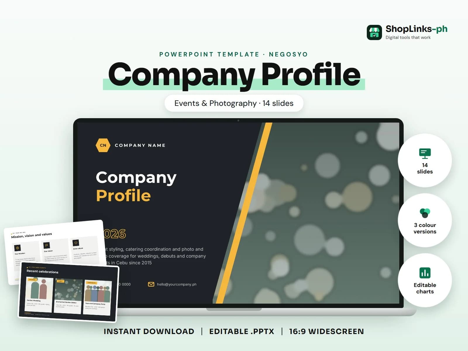 Cover of the Company Profile: Events & Photography PowerPoint template on a laptop