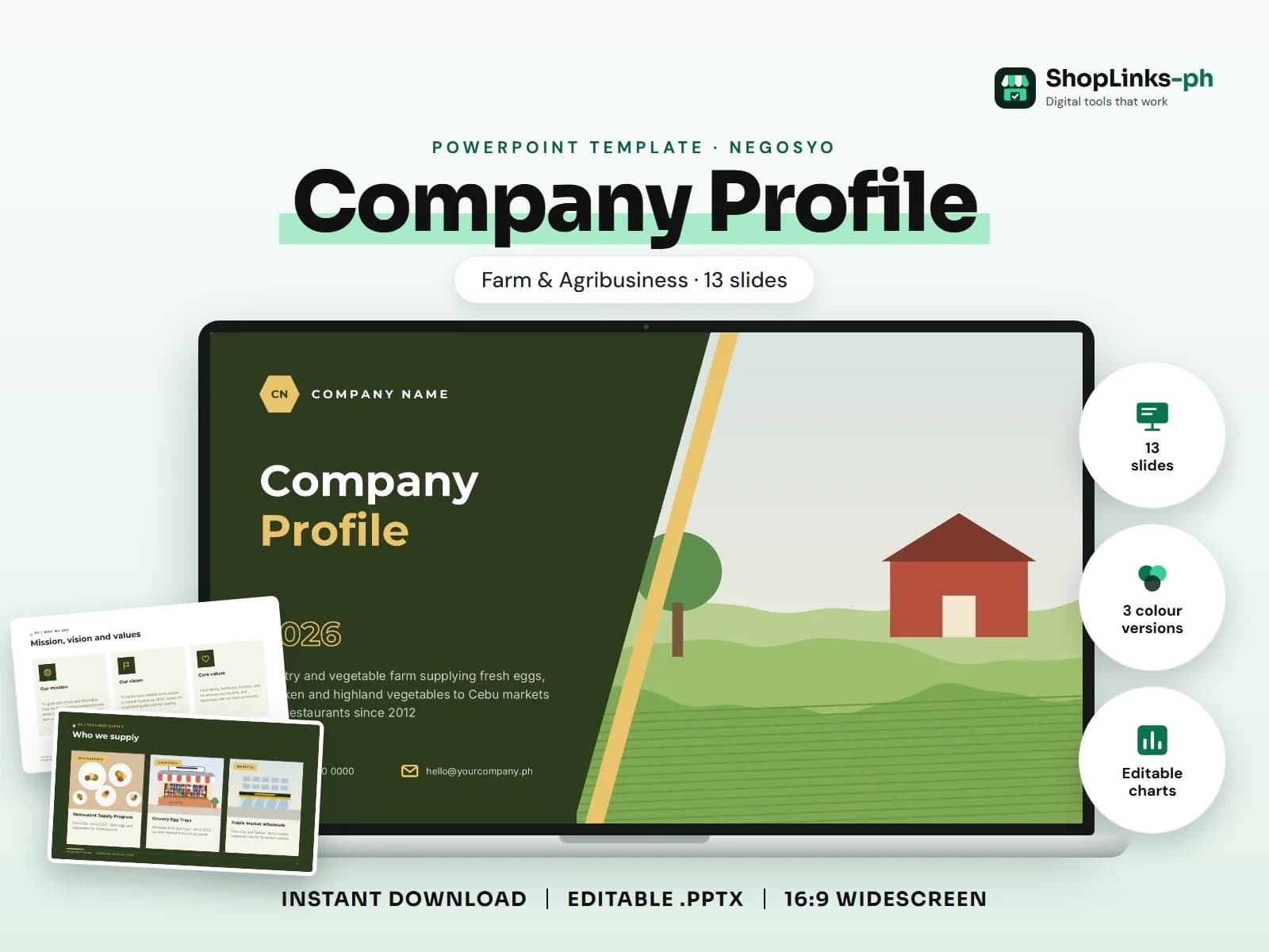 Cover of the Company Profile: Farm & Agribusiness PowerPoint template on a laptop