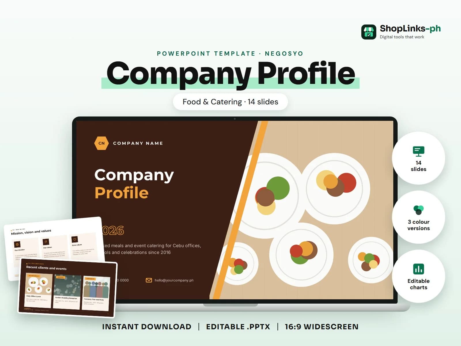 Cover of the Company Profile: Food & Catering PowerPoint template on a laptop