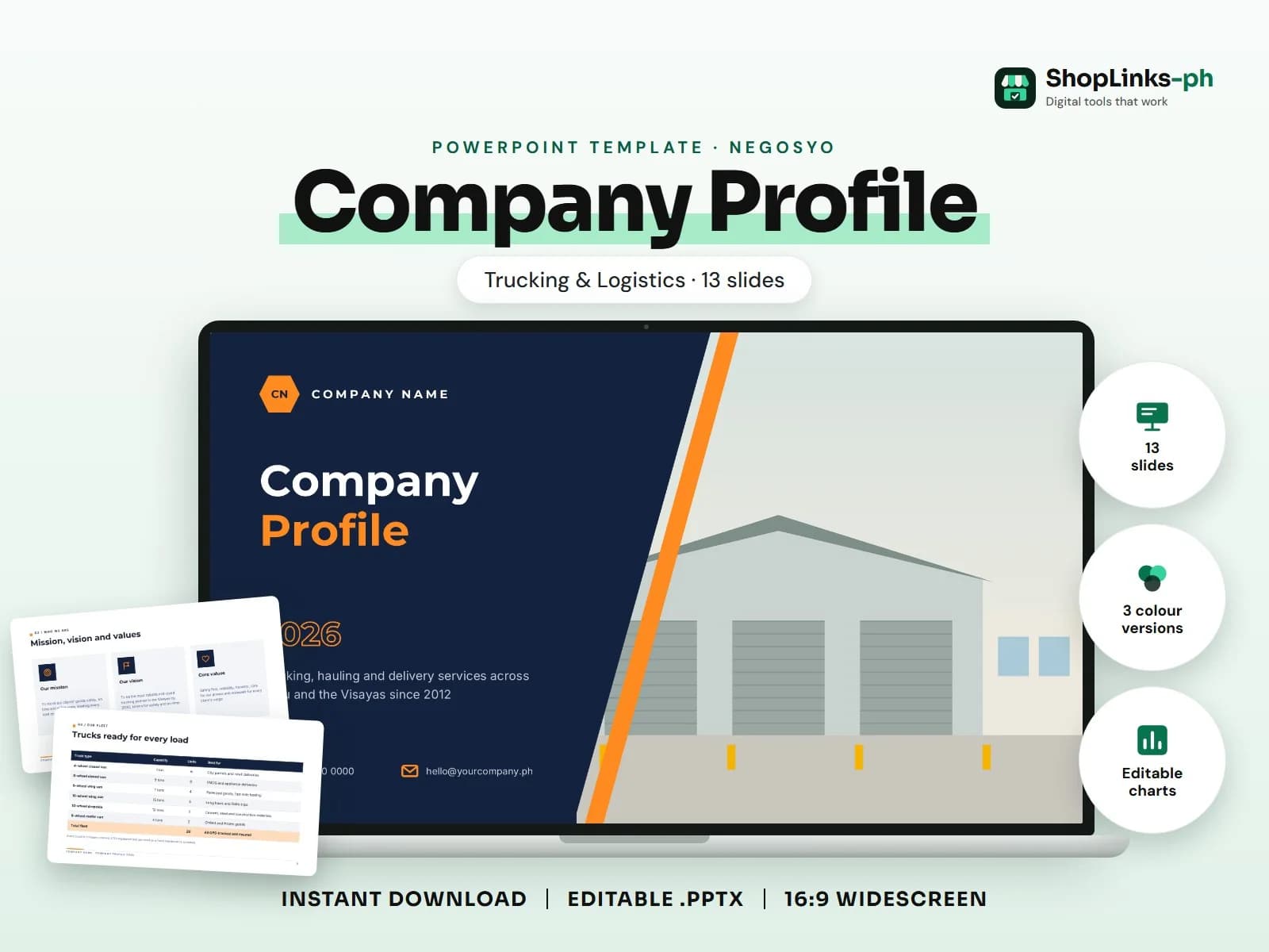 Cover of the Company Profile: Trucking & Logistics PowerPoint template on a laptop