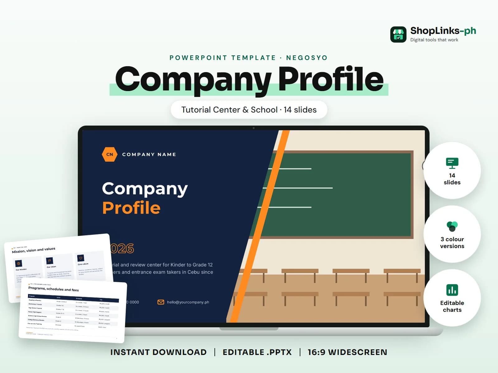 Cover of the Company Profile: Tutorial Center & School PowerPoint template on a laptop