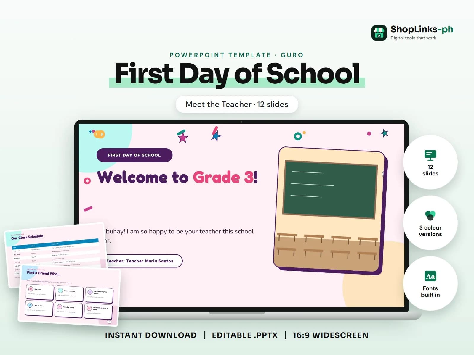 Cover of the First Day of School: Meet the Teacher PowerPoint template on a laptop