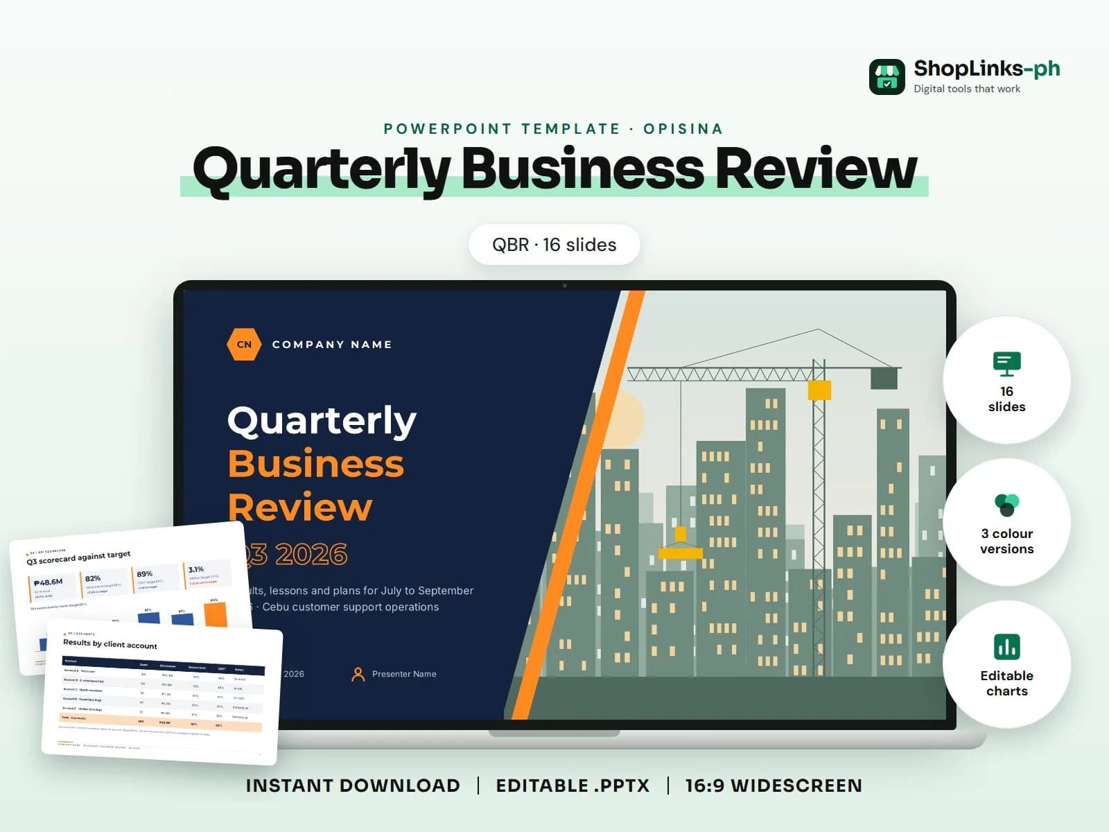 Cover of the Quarterly Business Review (QBR) PowerPoint template on a laptop