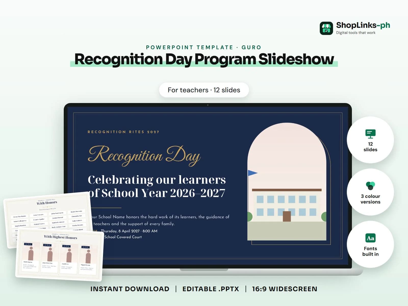Cover of the Recognition Day Program Slideshow PowerPoint template on a laptop