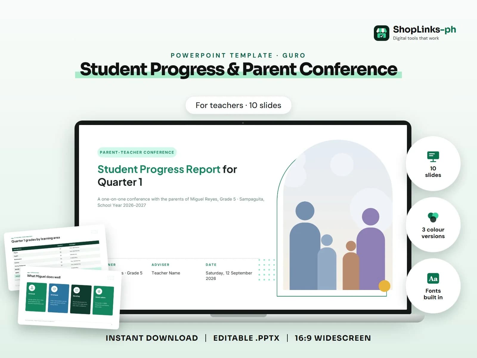 Cover of the Student Progress & Parent Conference PowerPoint template on a laptop