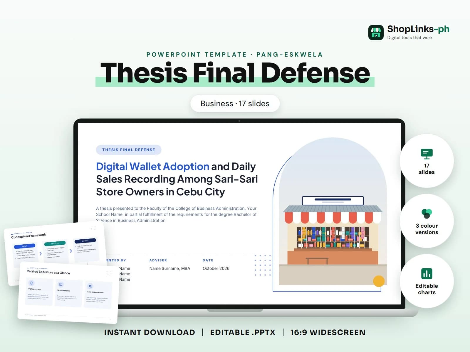 Cover of the Thesis Final Defense (Business) PowerPoint template on a laptop
