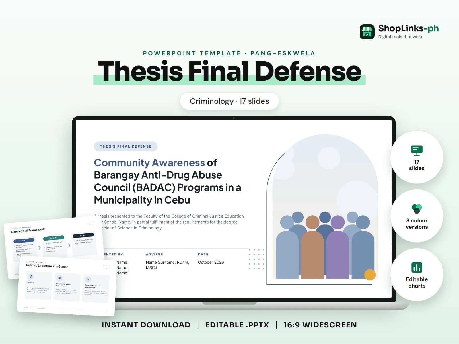 Cover of the Thesis Final Defense (Criminology) PowerPoint template on a laptop