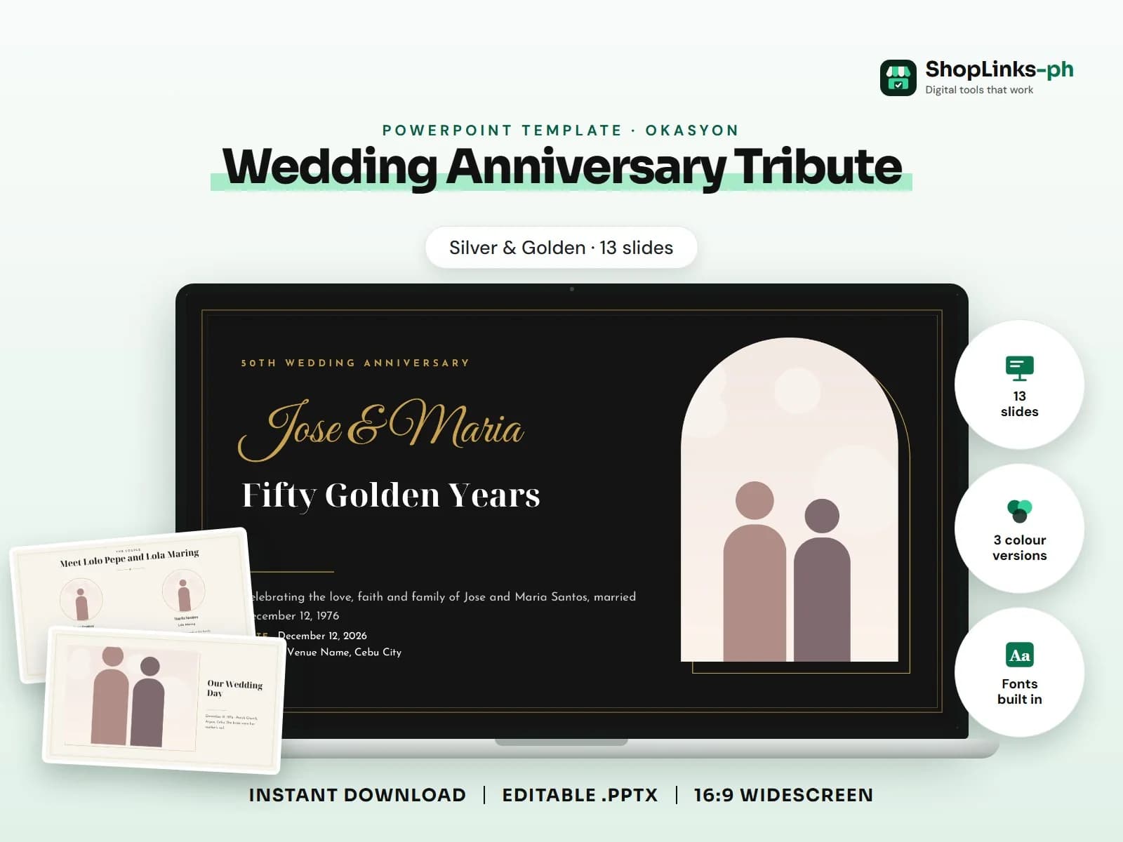 Cover of the Wedding Anniversary Tribute (Silver & Golden) PowerPoint template on a laptop