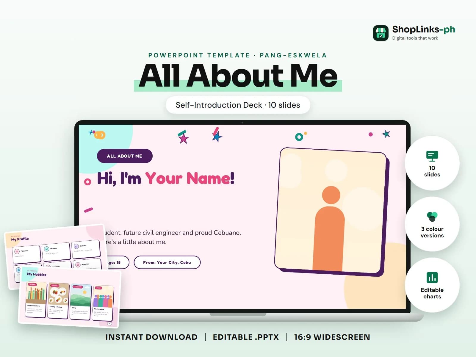 Cover of the All About Me (Self-Introduction Deck) PowerPoint template on a laptop