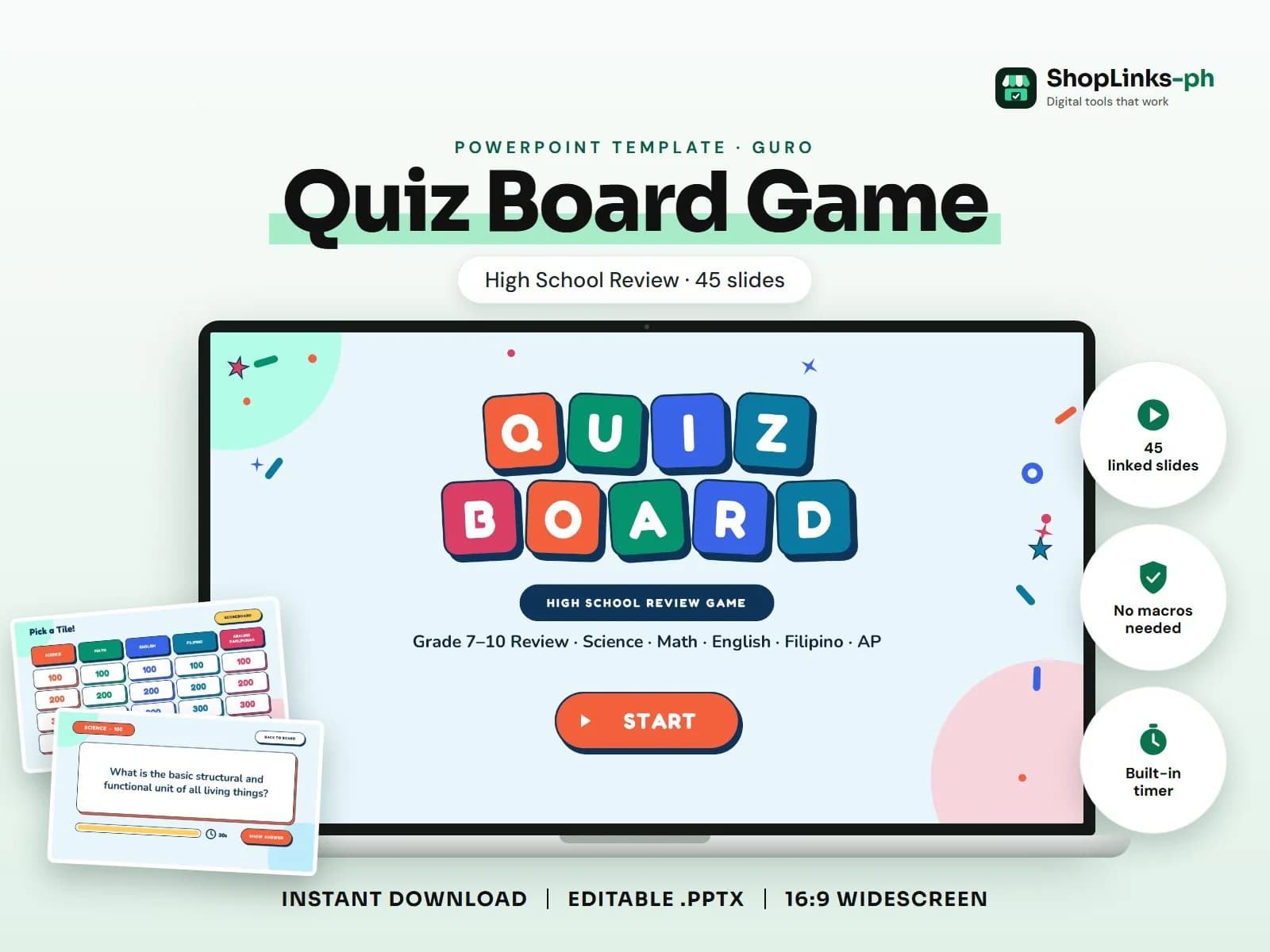 Cover of the Quiz Board Game (High School Review) PowerPoint template on a laptop