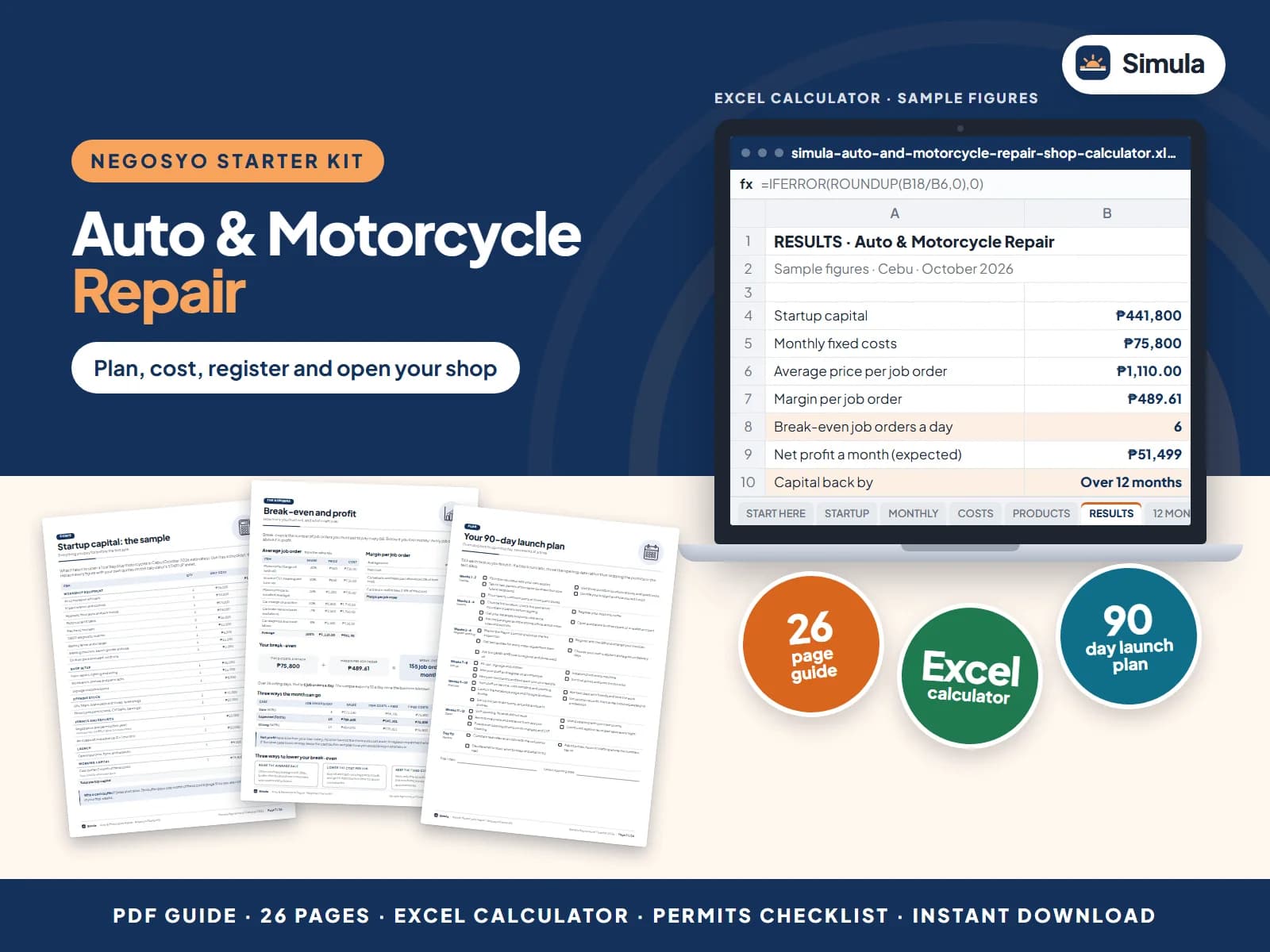 Cover of the Auto & Motorcycle Repair Negosyo Starter Kit: guide pages and the calculator's results