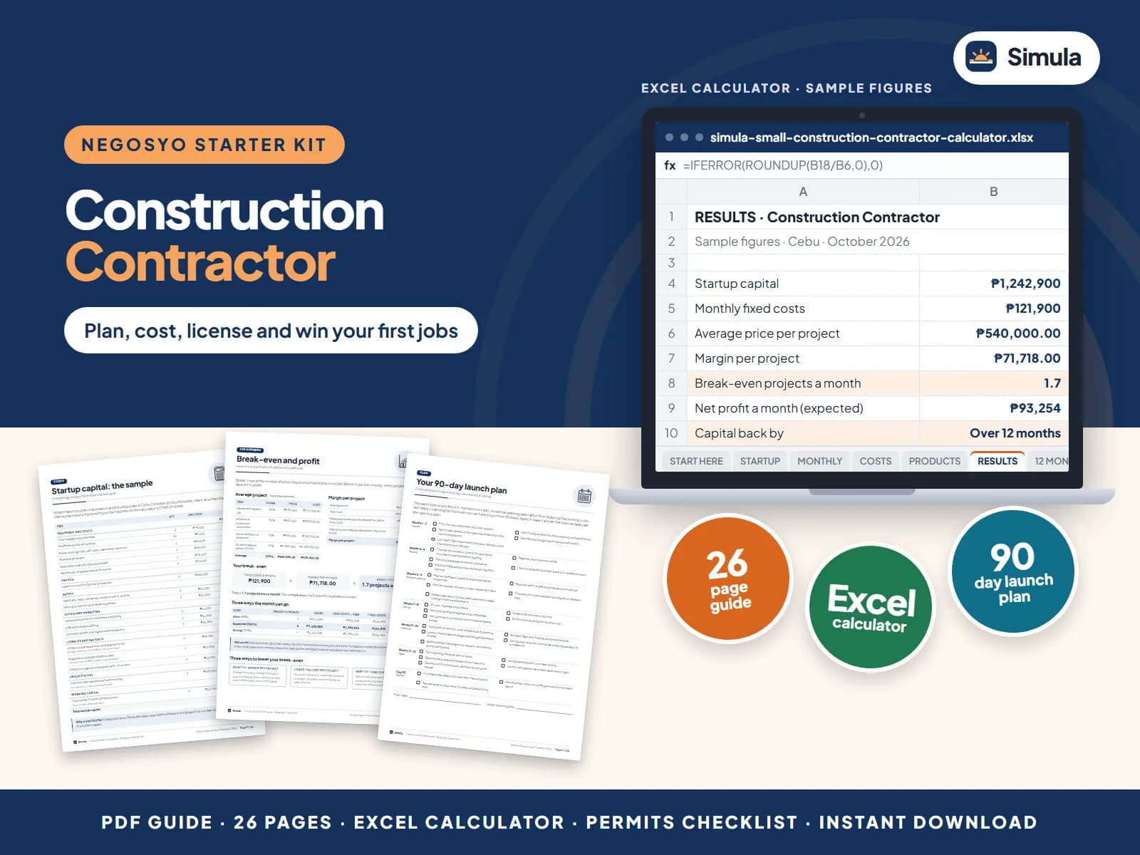 Cover of the Construction Contractor Negosyo Starter Kit: guide pages and the calculator's results