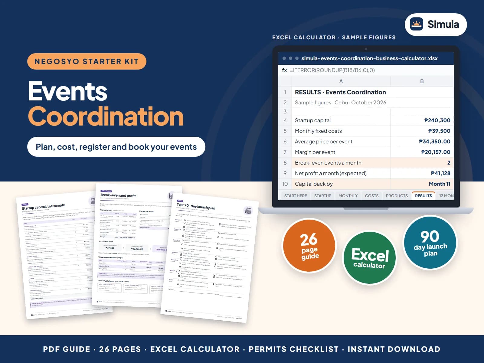 Cover of the Events Coordination Negosyo Starter Kit: guide pages and the calculator's results
