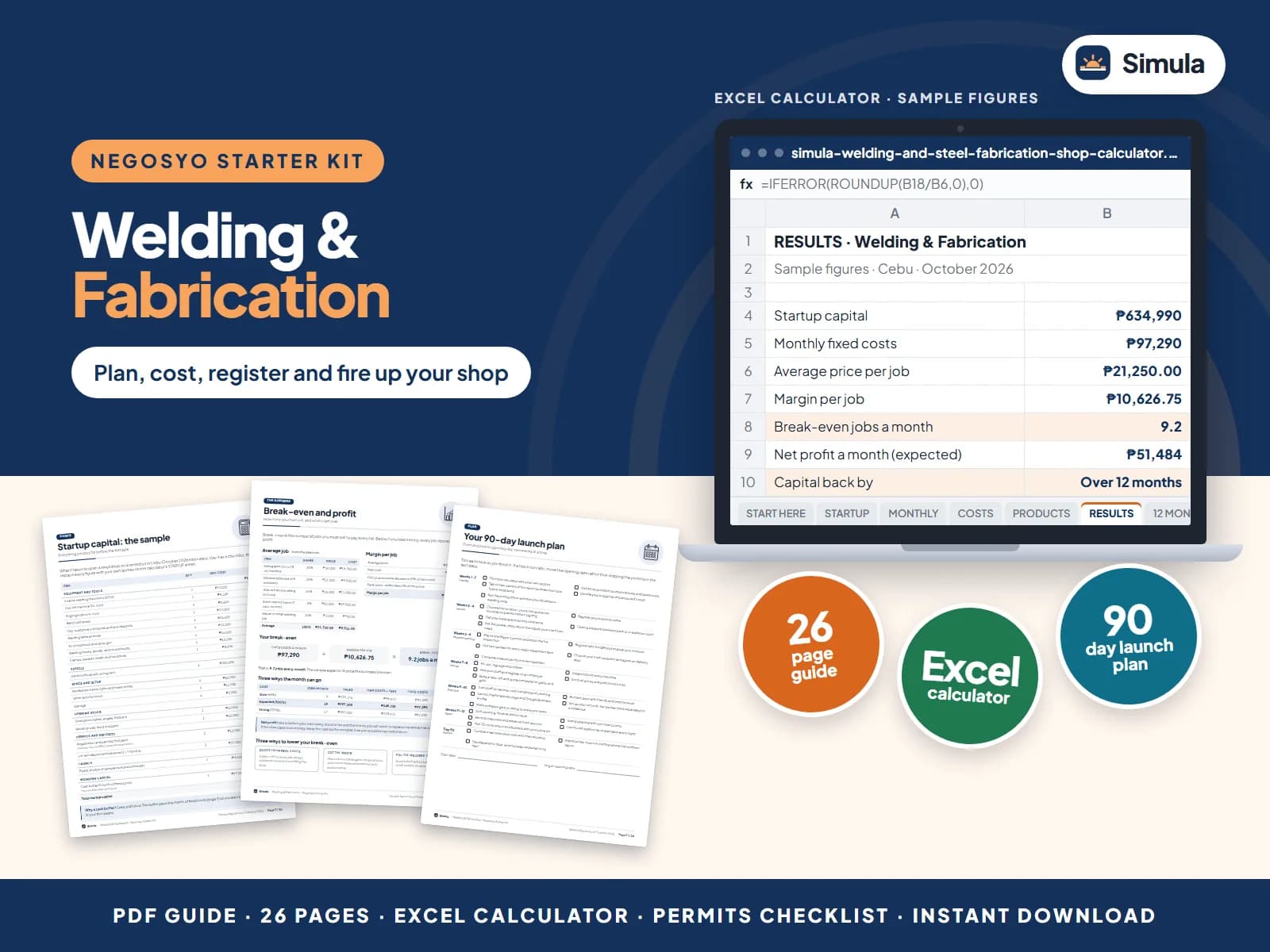 Cover of the Welding & Fabrication Negosyo Starter Kit: guide pages and the calculator's results