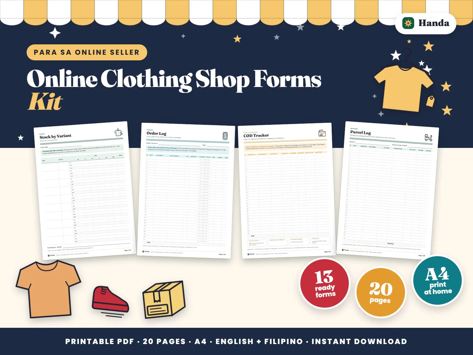 Cover of Online Clothing Shop Forms Kit, a printable online seller forms kit showing four of its pages
