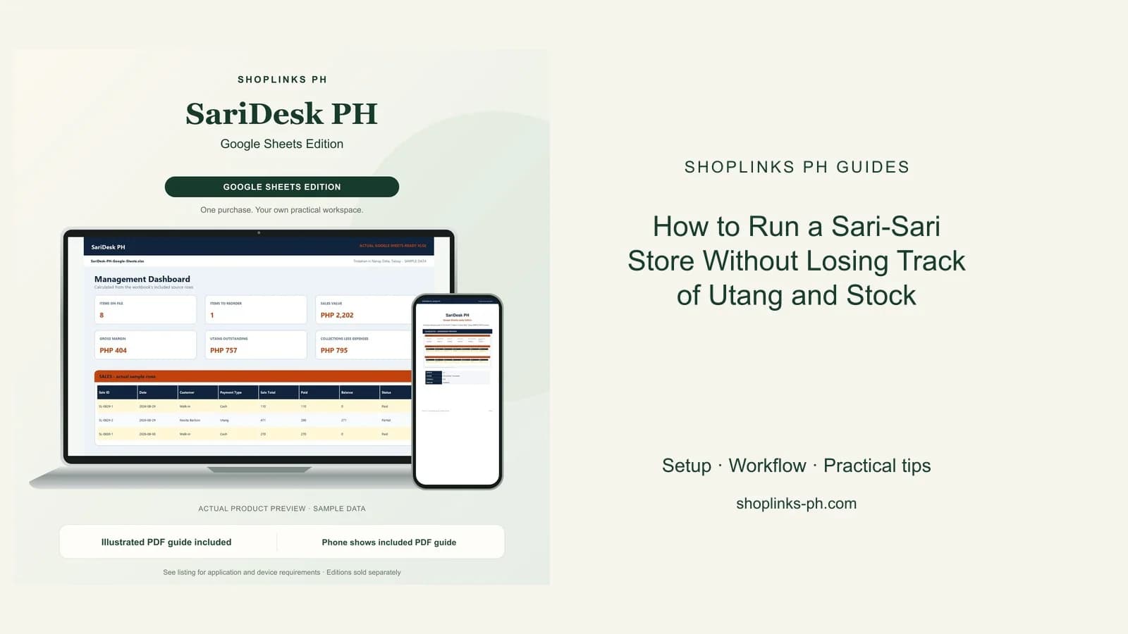 SariDesk PH Google Sheets Edition dashboard using fictional sample data