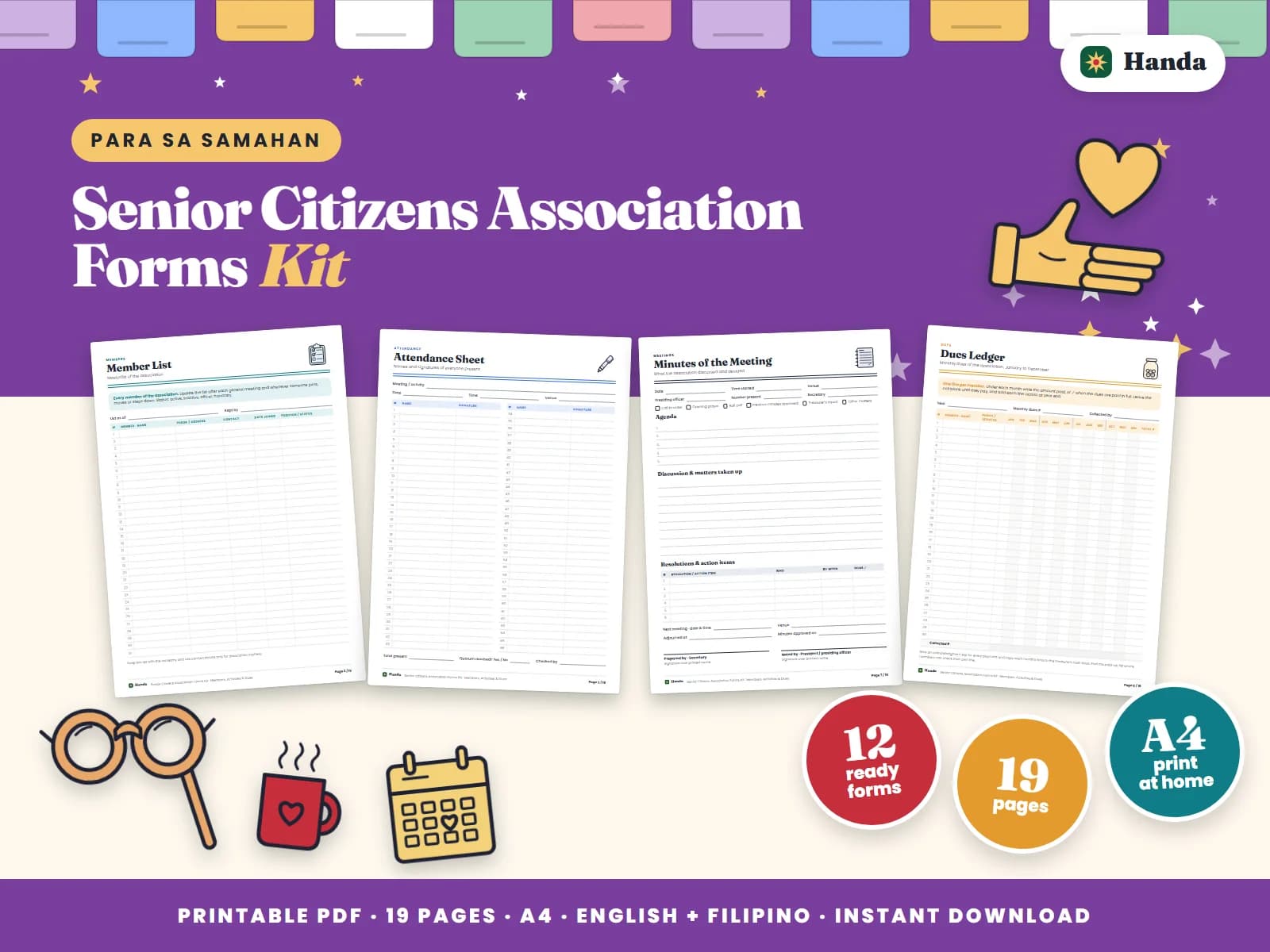 Cover of Senior Citizens Association Forms Kit, a printable association forms kit showing four of its pages