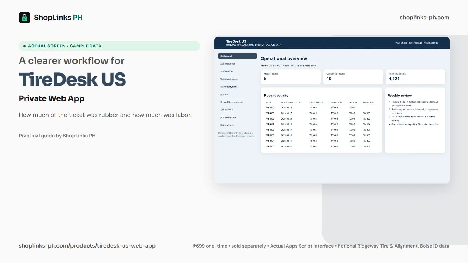 TireDesk US Private Google Sheets Web App dashboard using fictional sample data