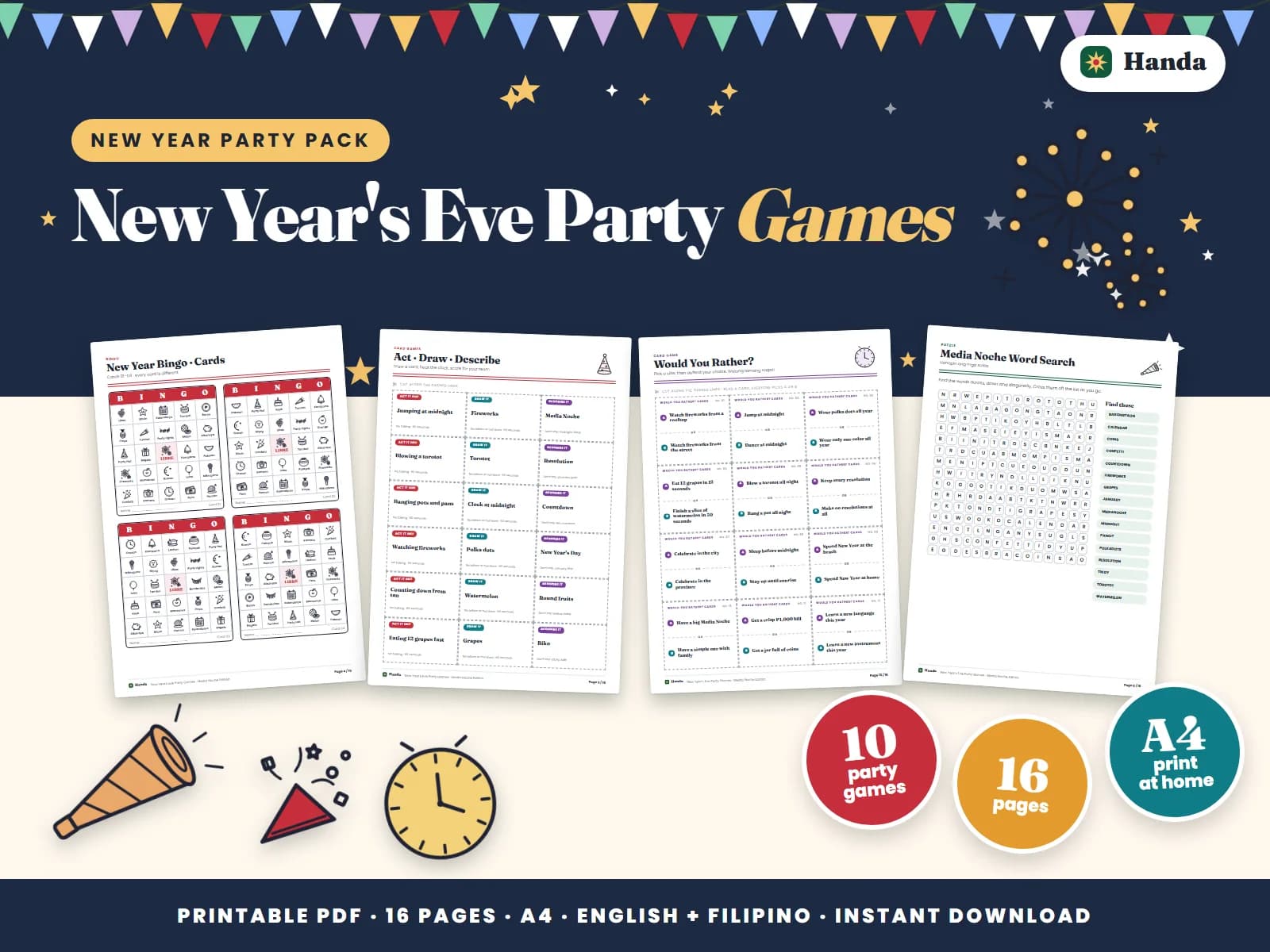 Countdown-night games: bingo, trivia, icebreakers, word games and awards.