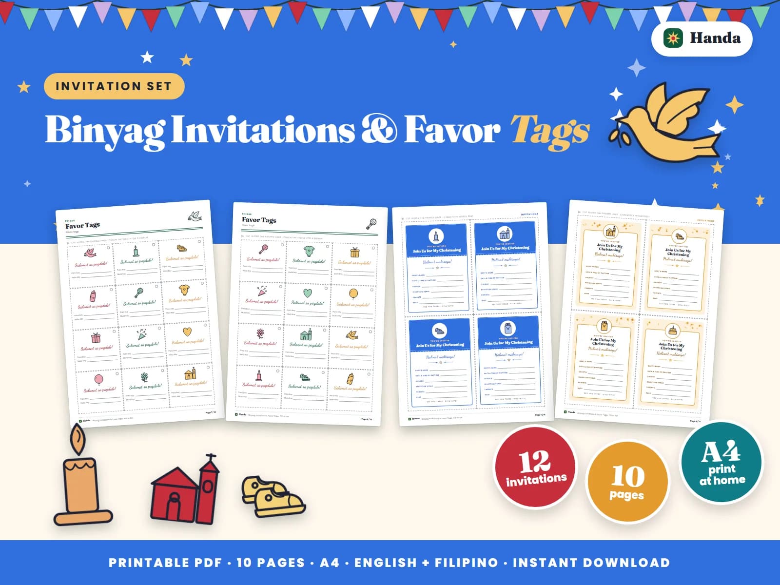 Fill-in invitations, thank-you cards, favor tags and name tags for the christening.