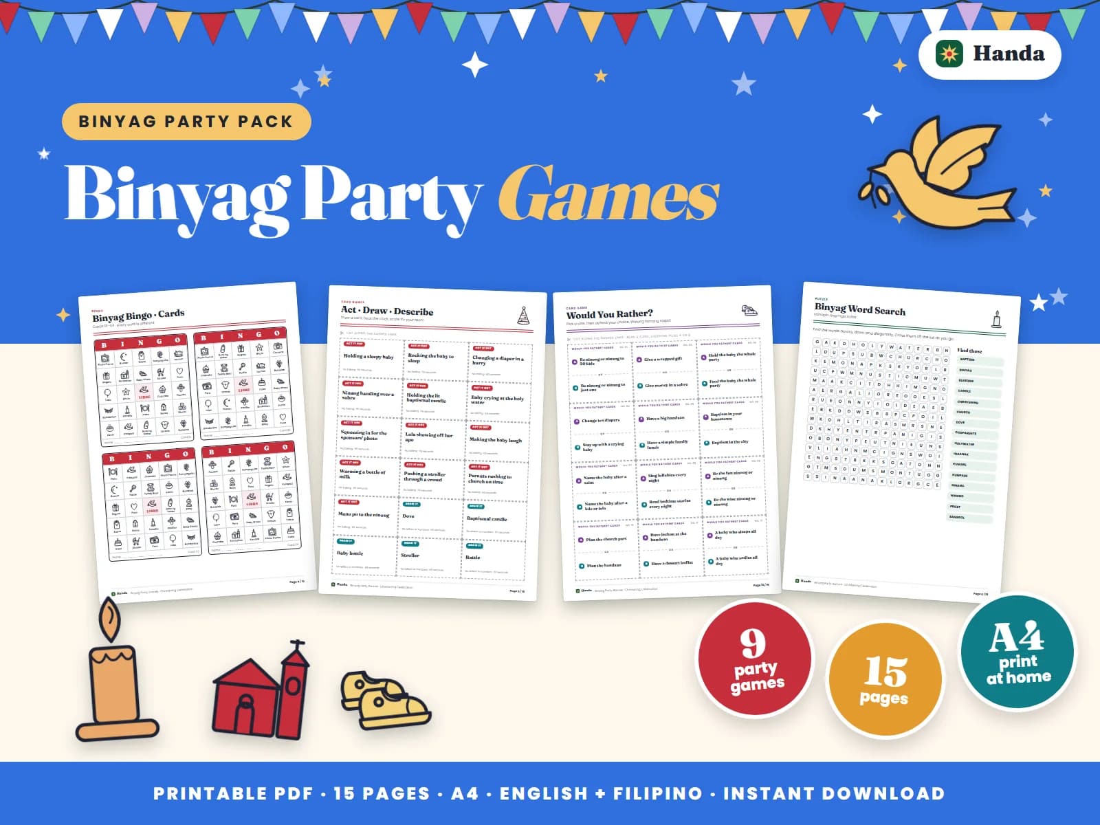 Bingo, icebreakers, word games, survey and awards for the handaan after the binyag.