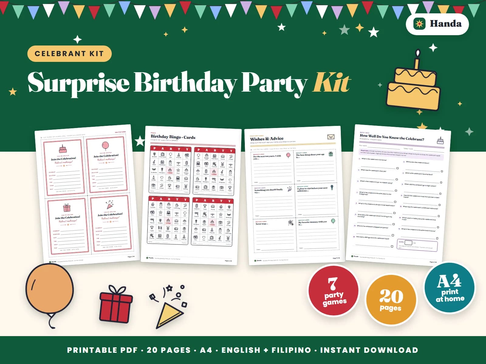 Invitations, celebrant games, message cards, guest book, signs and props.