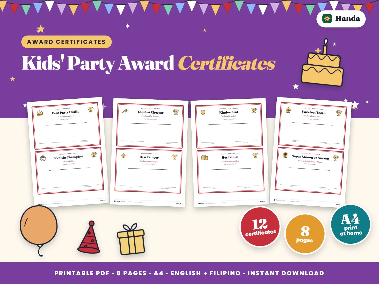 Twelve fun award certificates for the birthday party games.