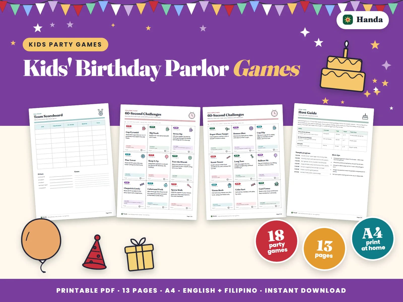 Classic Pinoy party games with instructions, plus 60-second challenges.