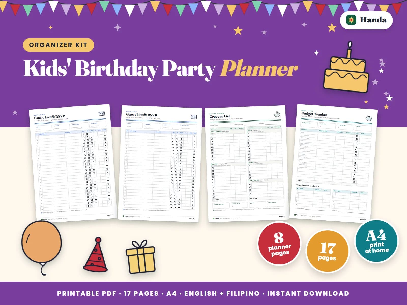Checklist, guest list, budget, program, menu, signs and raffle for the birthday party.