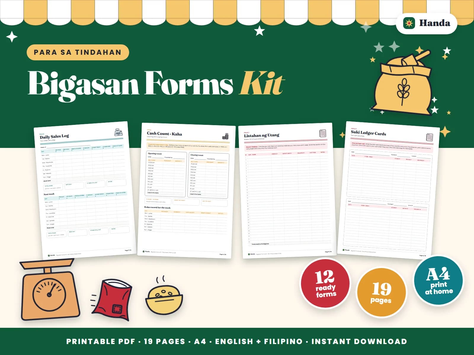 Track rice stock by variety, daily sales, utang and deliveries, with a price board for every kind of bigas.