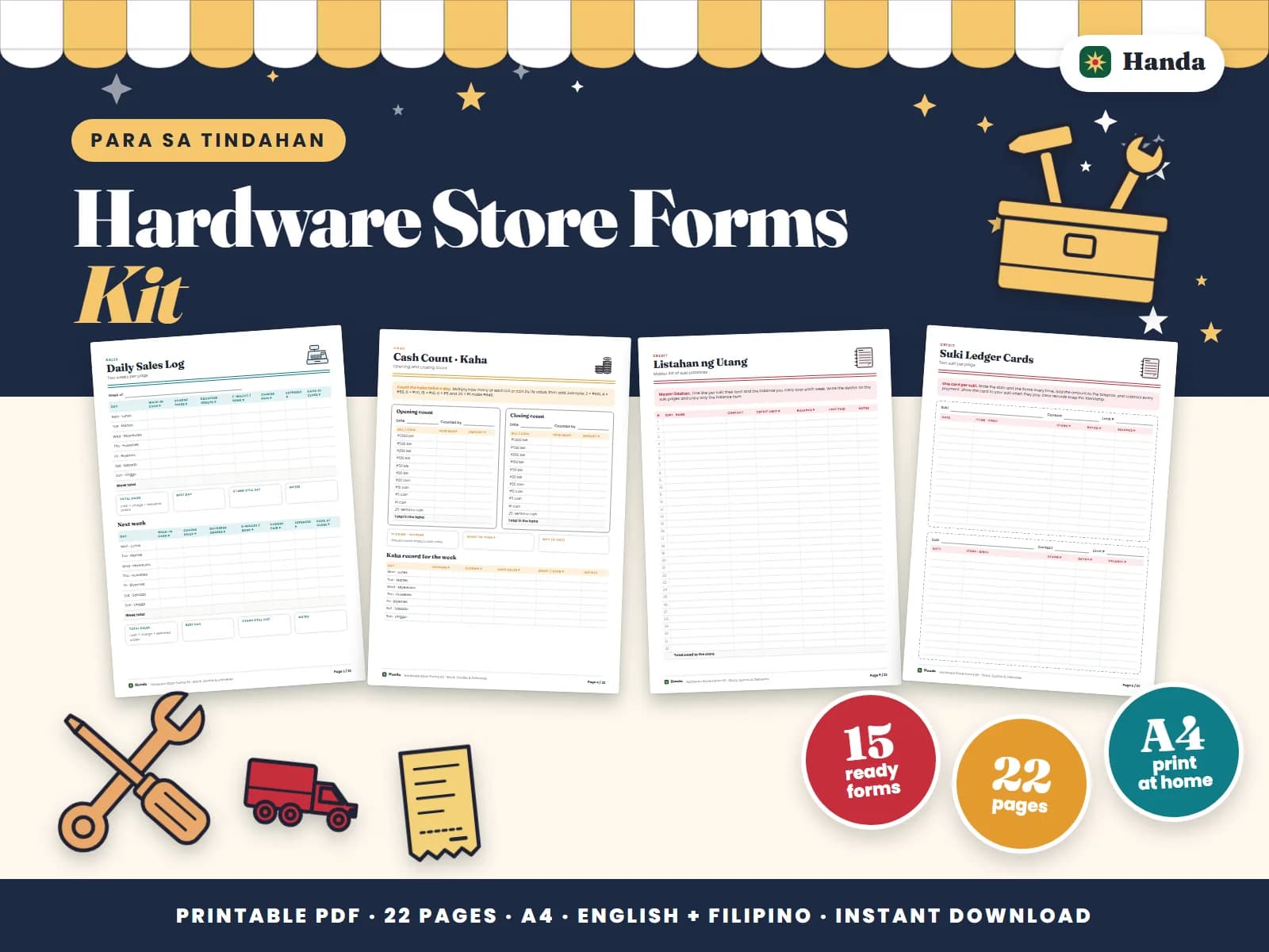 Inventory, reorders, quotations, delivery slips, special orders and utang for a small hardware store.