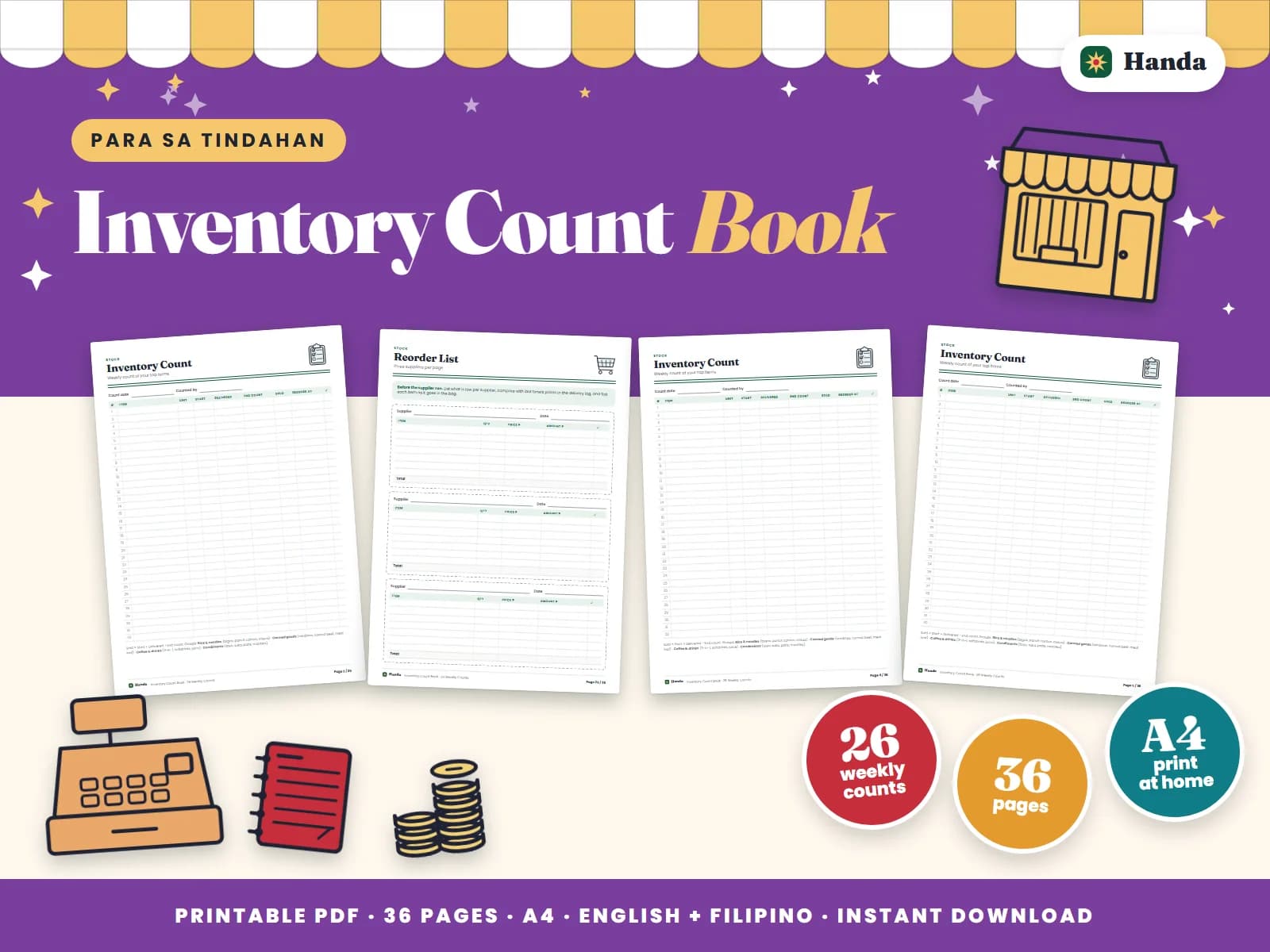 Twenty-six weekly inventory counts with reorder lists, for half a year of stock control.