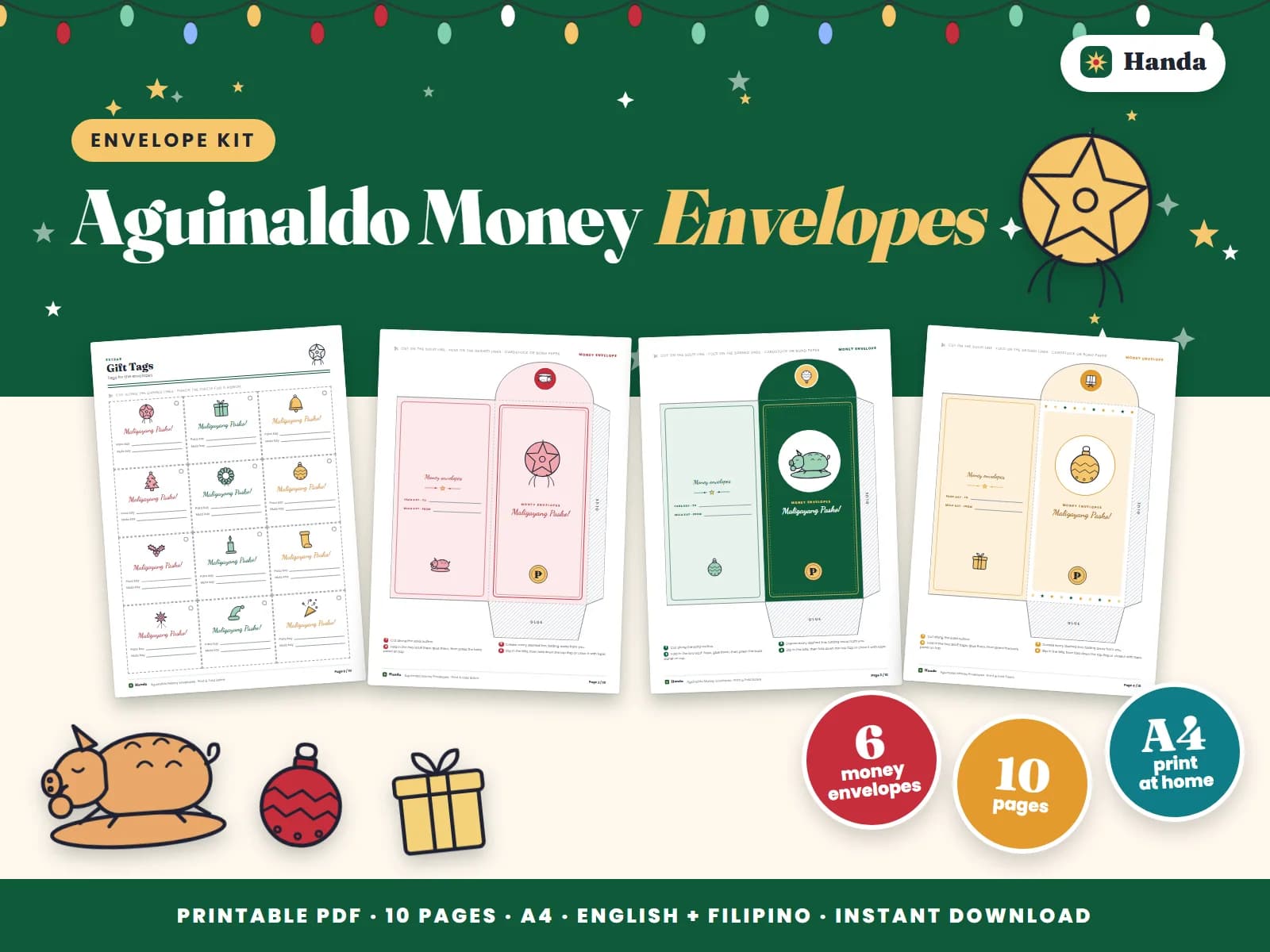 Six money-envelope designs for aguinaldo, with tags and thank-you notes.