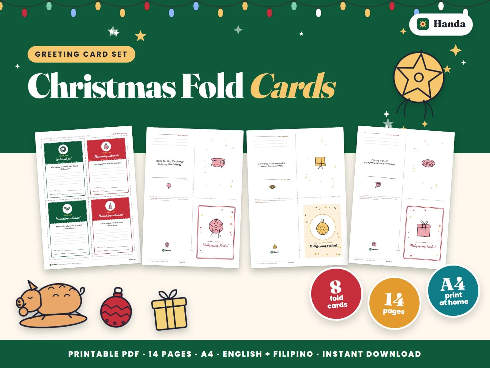Eight print-and-fold Christmas cards with money envelopes and thank-you notes.
