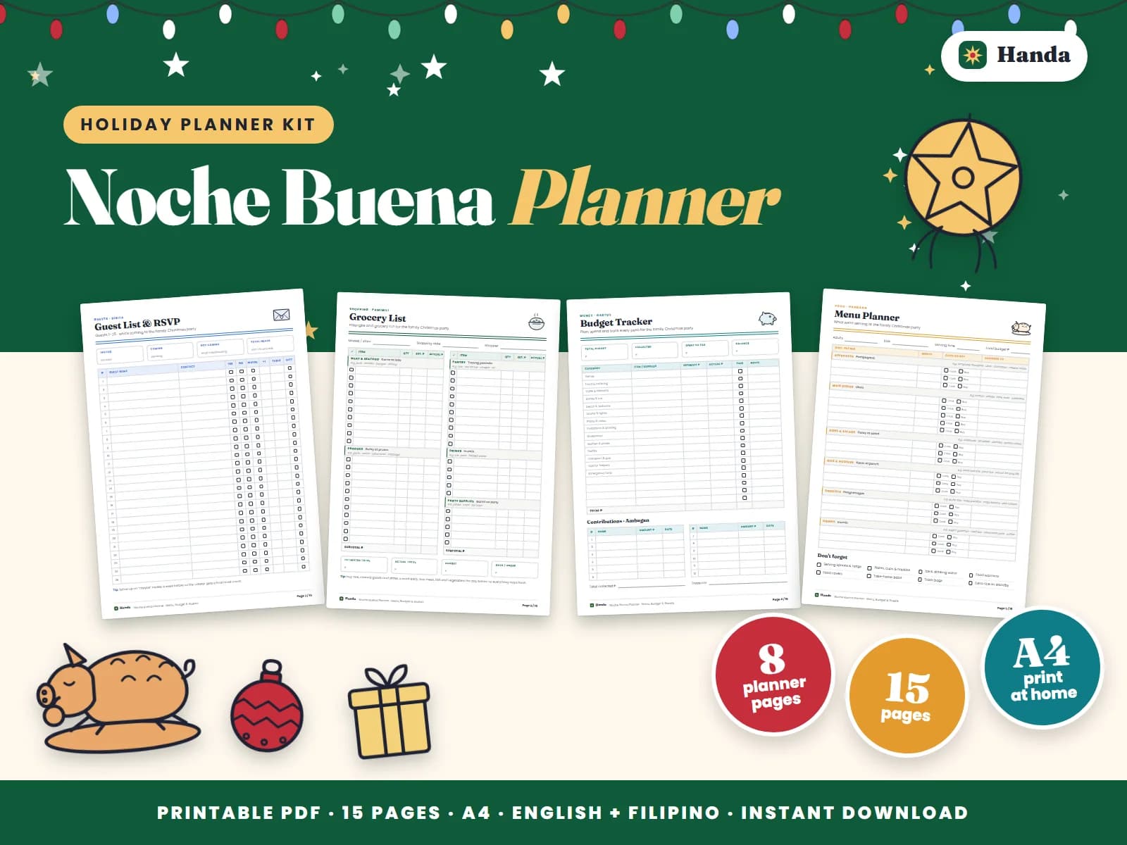 Plan the Christmas Eve feast: menu, shopping list, budget, guests, recipes and labels.