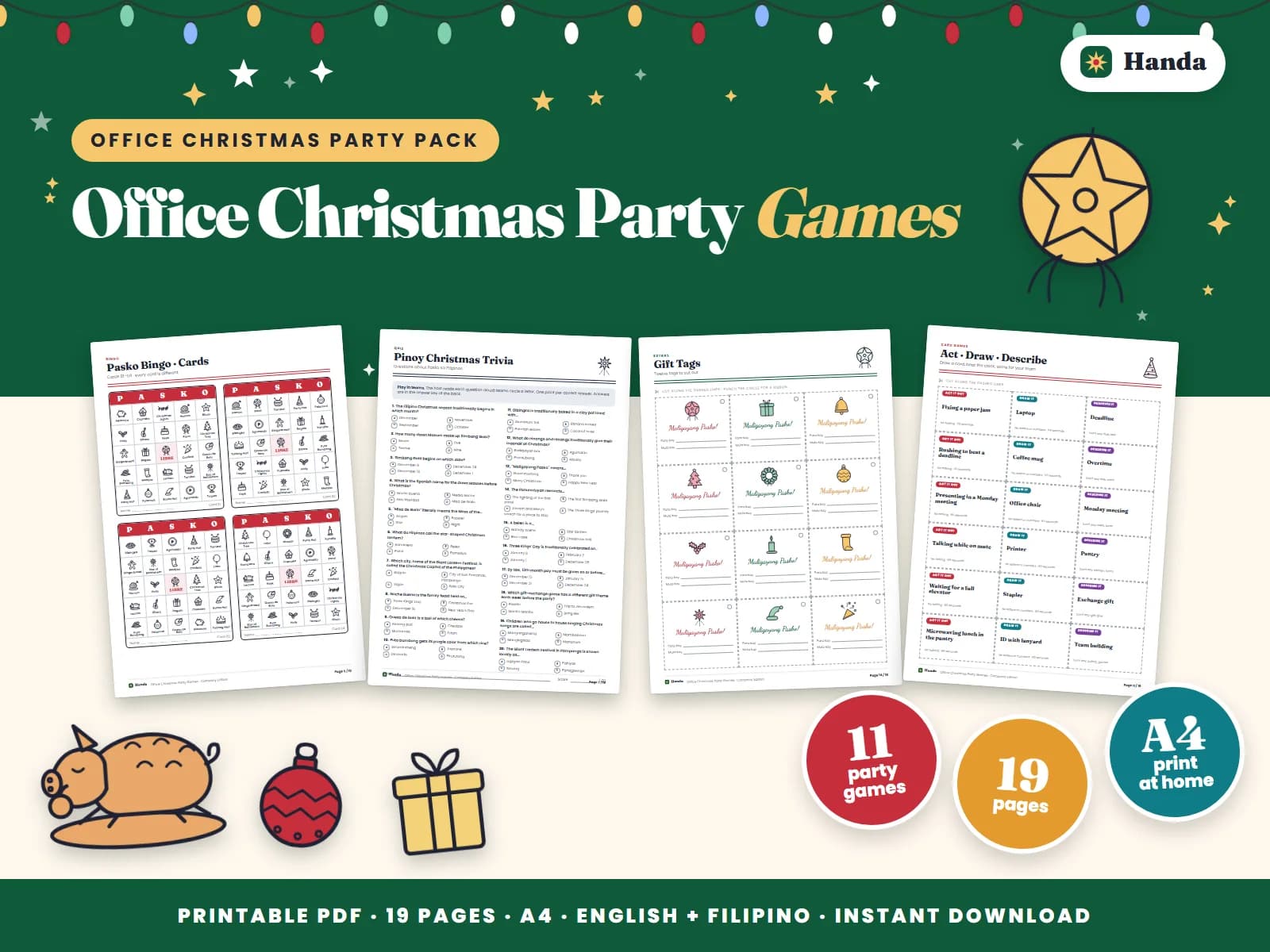 Bingo, trivia, icebreakers, a survey game and awards made for the office Christmas party.