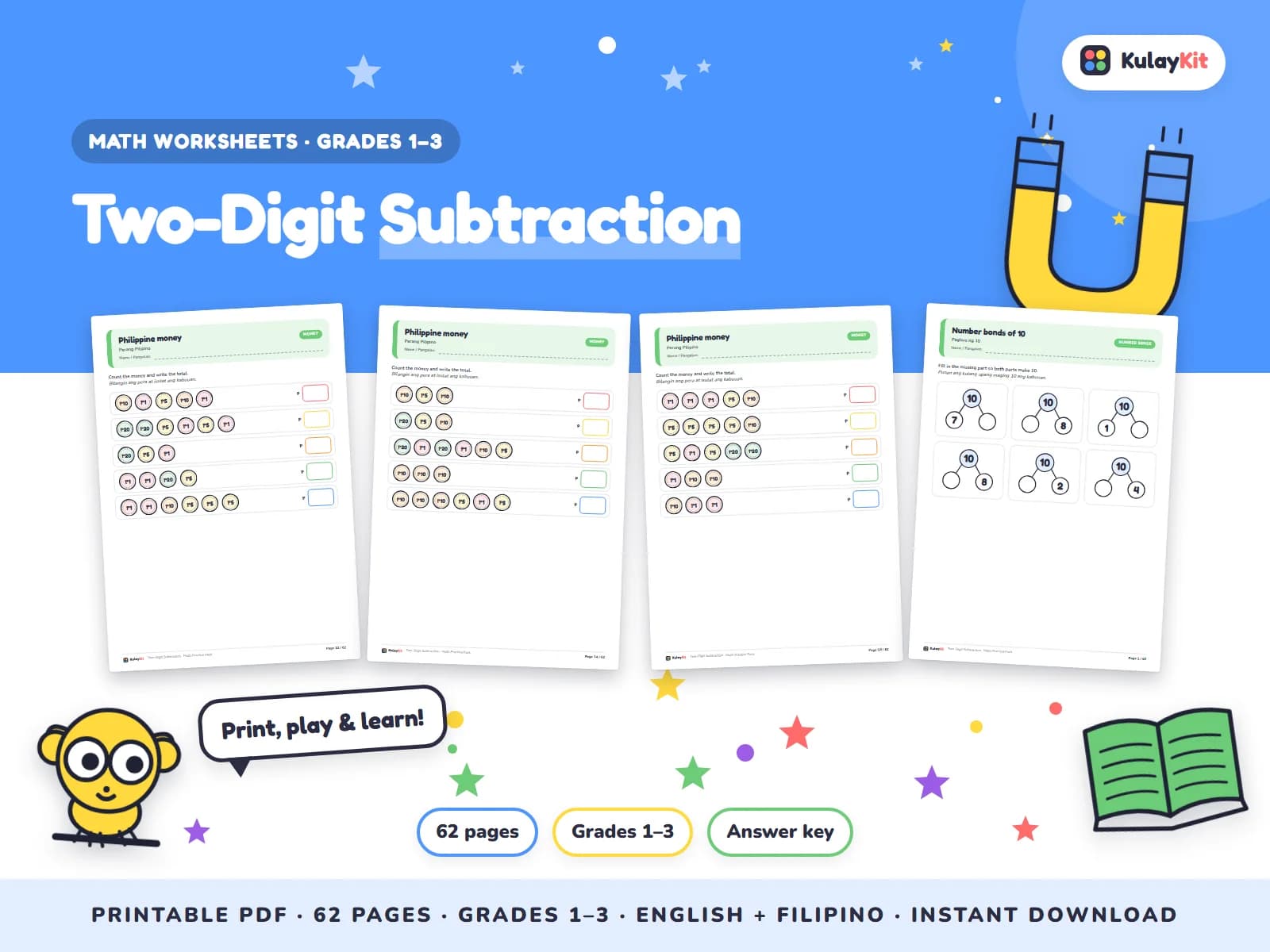 Math practice with clear drills, pictures, and Philippine money.