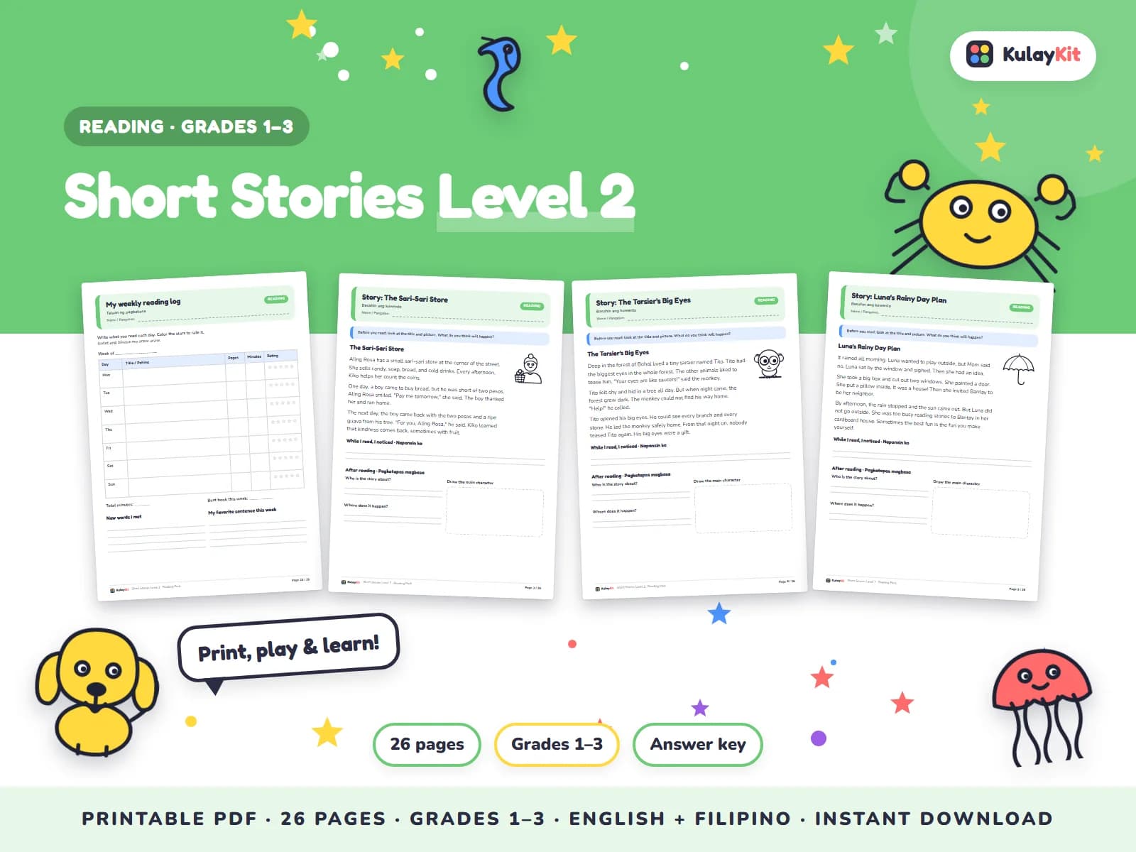 Original stories and passages with comprehension questions.